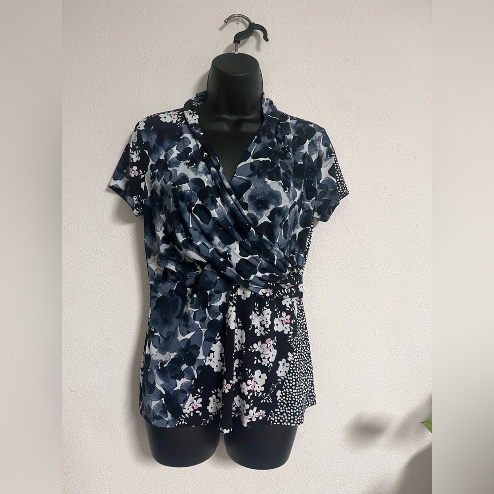 DKNY Navy and White Floral Wrap Blouse